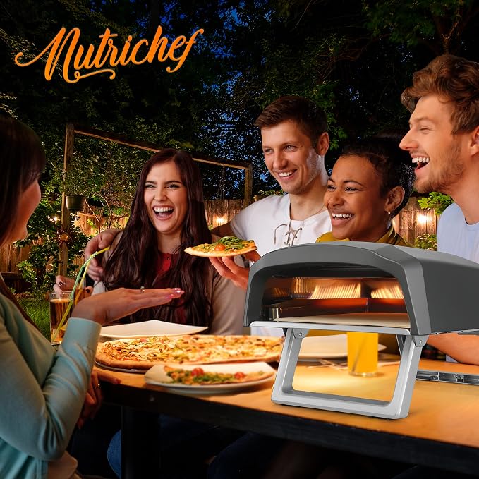 NutriChef Portable Outdoor Gas Pizza Oven - Includes Foldable Feet, Adjustable Heat Control Dial, Burner, Stone & Regulator Hose - Cooks 12" Pizza in 60 Seconds - 25.24'' x 16.14'' x 12.40'' IN