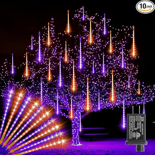LAMPHOME Halloween Lights Outdoor,12-inch LED Meteor Shower Icicle Lights, 10 Tubes 240 LED String Lights. Waterproof Plug, Shower Rain for Xmas Tree Yard House Decor Purple&Orange