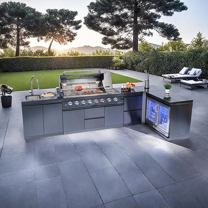 157" 6-Burner 96000 BTU Propane Gas Outdoor Kitchen Island - Stainless Steel Grill with Wine Cooler, Rotisserie, Granite Countertops, Storage Cabinets & Drawers,Black