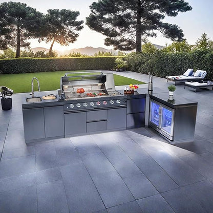 157" 6-Burner 96000 BTU Propane Gas Outdoor Kitchen Island - Stainless Steel Grill with Wine Cooler, Rotisserie, Granite Countertops, Storage Cabinets & Drawers,Black