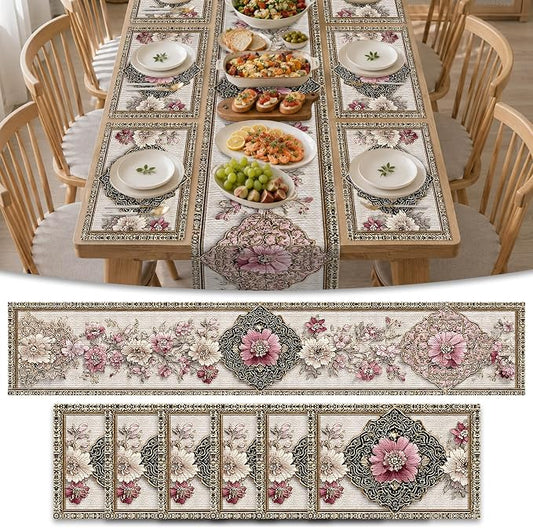 Nuxovilar Square placemats Set of 7 Table Runner (72X13inch) and placemats (11.8X17.7) Beige&Gold Ornate Pattern Linen-Cotton Table Arrangement Pieces Banquet,Anniversary Party,Formal Meals