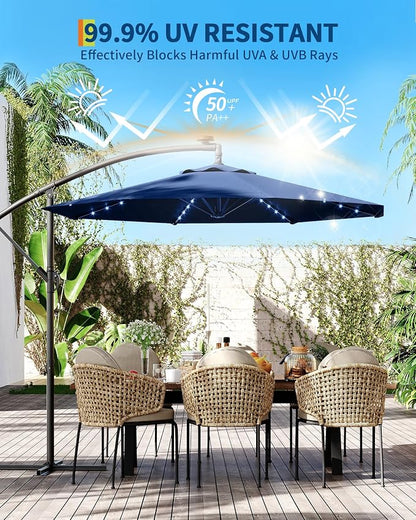 15FT Outdoor Patio Umbrella,Double-Sided Rectangle Market Umbrella with 36 LED Solar Lights & Base,UV50+ Weather-Resistant Oversized Outdoor Umbrella,Crank Lift,3-Way Shade for Pool,Garden,Backyard