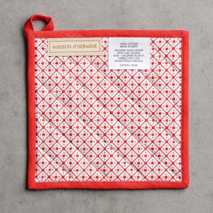 Maison d' Hermine Pot Holders 100% Cotton Potholders (8" x 8", Pack of 1) | Heat Resistant Hot Pads with Loop BBQ Cooking Baking Hotel Kitchen Handling Hot Pans Thanksgiving Christmas - Winter Jouy