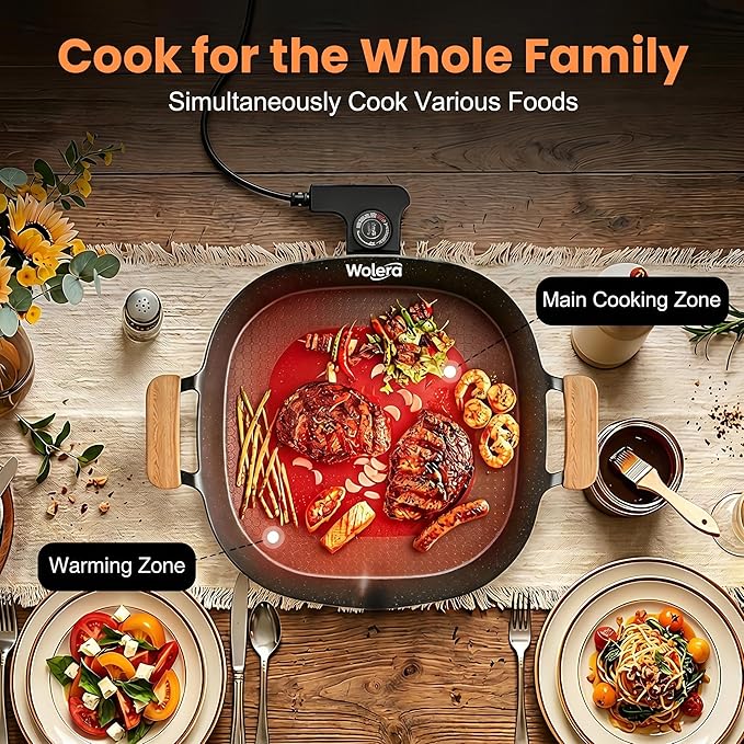 Smokeless Indoor Electric BBQ Grill with Wooden Handles – Adjustable Temp Nonstick Griddle, Perfect for Steak, Pancakes & Low-Fat Meals, Easy to Clean & Dishwasher Safe