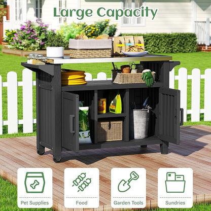 Bifanuo Outdoor Grill Table Grill Cart with Stainless Steel Top & Storage Cabinet for Food Prep and Storage, Portable and Durable with Wheels(Black)