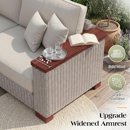 PaPaJet 5-Piece Wicker Patio Furniture Set with Solid Wood Armrest, Outdoor Patio Set with Thick Legs, UV-Resistant Modular Outdoor Sectional Sofa for Backyard, Porch, Garden