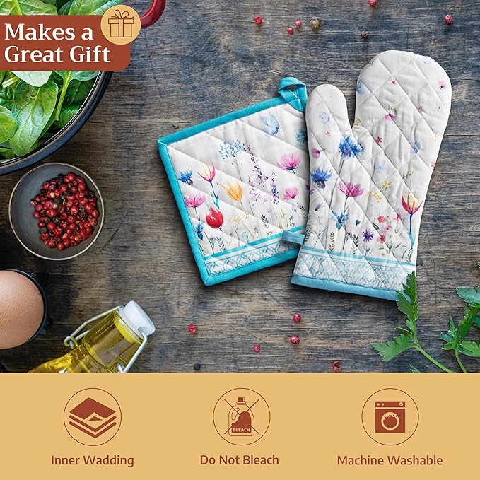 Maison d' Hermine Pot Holders 100% Cotton Heat Resistant Potholders 8" x 8" Hot Pads with Loop BBQ Baking Hotel Farmhouse Kitchen Handling Hot Pans Spring Summer (Pack of 1, Flower in The Field)