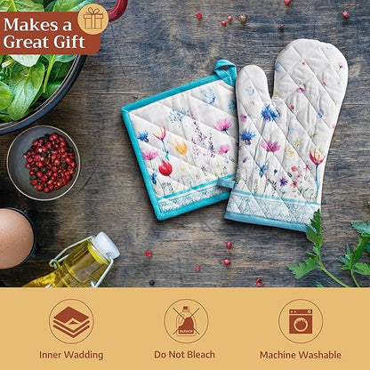 Maison d' Hermine Pot Holders 100% Cotton Heat Resistant Potholders 8" x 8" Hot Pads with Loop BBQ Baking Hotel Farmhouse Kitchen Handling Hot Pans Spring Summer (Pack of 1, Flower in The Field)