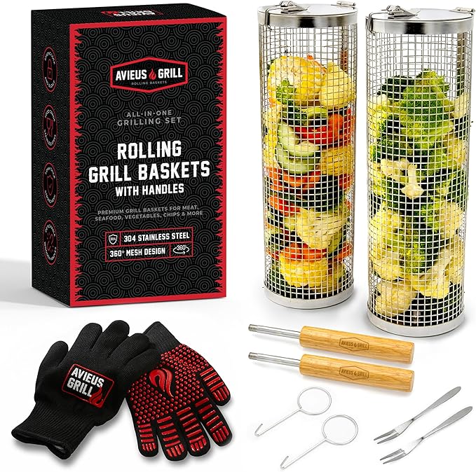 AVIEUS Grill Rolling Grill Basket | Rolling Grilling Baskets for Outdoor Grilling 2 Pcs | Barbecue Grill Set with BBQ Gloves | Portable Camping Net Rack Perfect for Vegetables, Seafood & Meat