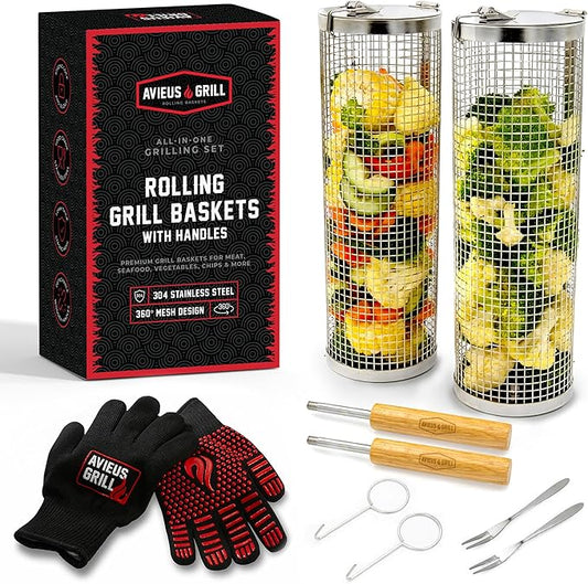 AVIEUS Grill Rolling Grill Basket | Rolling Grilling Baskets for Outdoor Grilling 2 Pcs | Barbecue Grill Set with BBQ Gloves | Portable Camping Net Rack Perfect for Vegetables, Seafood & Meat