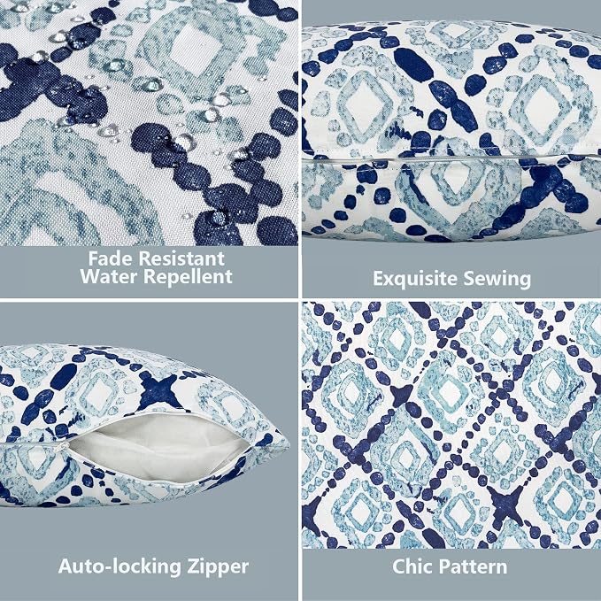 LVTXIII 2 Pack Outdoor Pillow Covers ONLY 18x18 Inch, Water-Repellent Square Decorative Cushion Covers for Patio Furniture, Garden, Sofa, Boho Geometry Blue