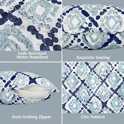 LVTXIII 2 Pack Outdoor Pillow Covers ONLY 18x18 Inch, Water-Repellent Square Decorative Cushion Covers for Patio Furniture, Garden, Sofa, Boho Geometry Blue