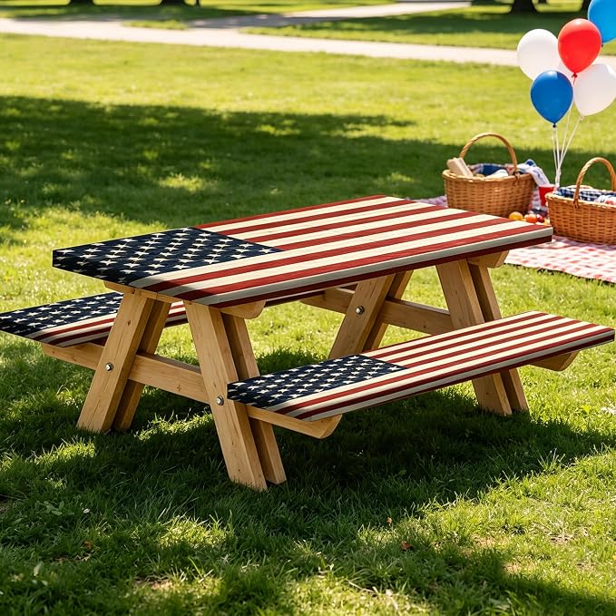 JAWO Fitted Picnic Table and Bench Cover, Vintage American Flag Pledge of Allegiance Print Waterproof Elastic Picnic Tablecloth for Outdoor Patio Camping Backyard Park, 30X60inch