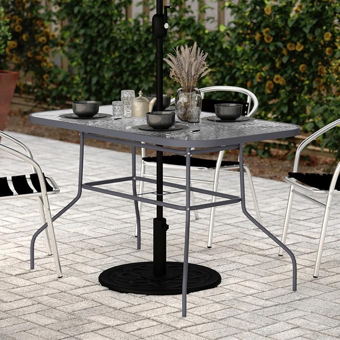 Flash Furniture Commercial 27.5x47.25 in Steel Patio Table, Silver | Tempered Glass Top with Umbrella Hole