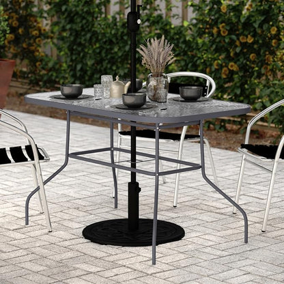 Flash Furniture Commercial 27.5x47.25 in Steel Patio Table, Silver | Tempered Glass Top with Umbrella Hole
