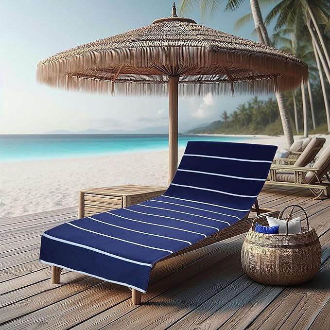 COTTON CRAFT Pool Lounge Chair Cover - 2 Pack Terry Towel Chaise Lounge Cover - Soft Cotton Absorbent Horizontal Stripe Beach Chair Towel - Oversized 32 W x 82 L x 7 inch Pocket - 450 GSM - Blue