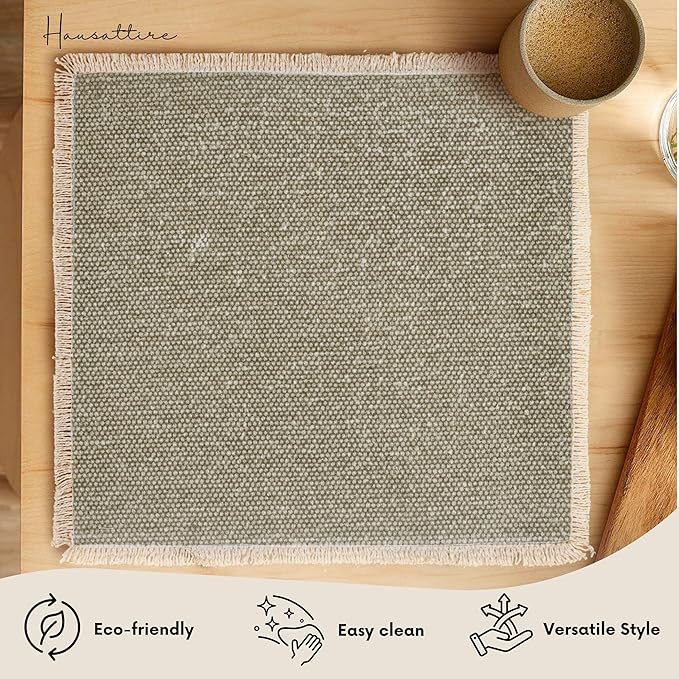 Hausattire Cotton Frayed Placemats Set of 6 Dining Table 14x14 Inch | Rustic Farmhouse Boho Washable Easter Placemat for Outdoor Parties BBQ's Wedding, Holiday, Special Occasions, Nubby Cotton - Taupe