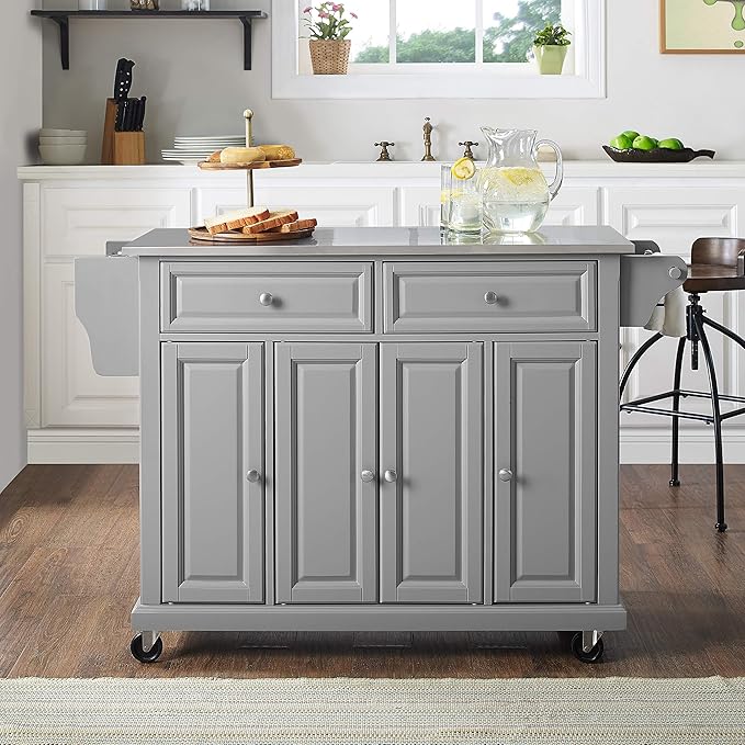 Crosley Furniture Full Size Stainless Steel Rolling Kitchen Island Storage Cart, Microwave Stand, Spice Rack, Gray