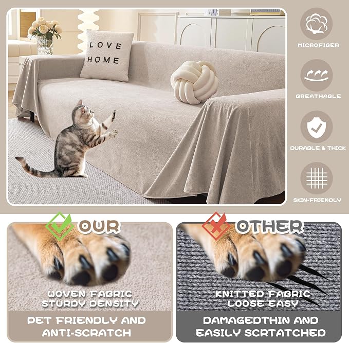 MYSKY HOME Couch Covers for Sectional Sofa Love Seat Couch Covers Couch Cover for Dogs Washable Couch Cover Blanket, Non Slip Sofa Slipcovers, Super Soft Sofa Towel for Kid, Pet, 71" x 118", Oat