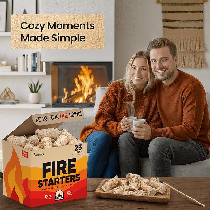 Moscow-Mix Fire Starter - Natural Fire Starters for Fireplace, Campfires, BBQ, Wood Stove, Smokers, Fire Pits - 25 pcs Weather Resistant Charcoal Starter for Grill - Food Grade Wax with 10 Min Burn
