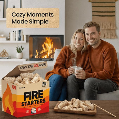 Moscow-Mix Fire Starter - Natural Fire Starters for Fireplace, Campfires, BBQ, Wood Stove, Smokers, Fire Pits - 25 pcs Weather Resistant Charcoal Starter for Grill - Food Grade Wax with 10 Min Burn