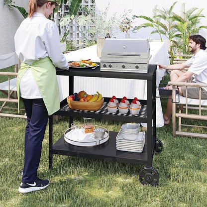 3-Tier Outdoor Grill Table, BBQ Prep Cart with Metal Top Storage Shelves, Rolling Grill Cart with Wheels, Tool Hooks & Gas Tank Holder, Iron Grill Side Table for Patio Backyard Outdoor Kitchen