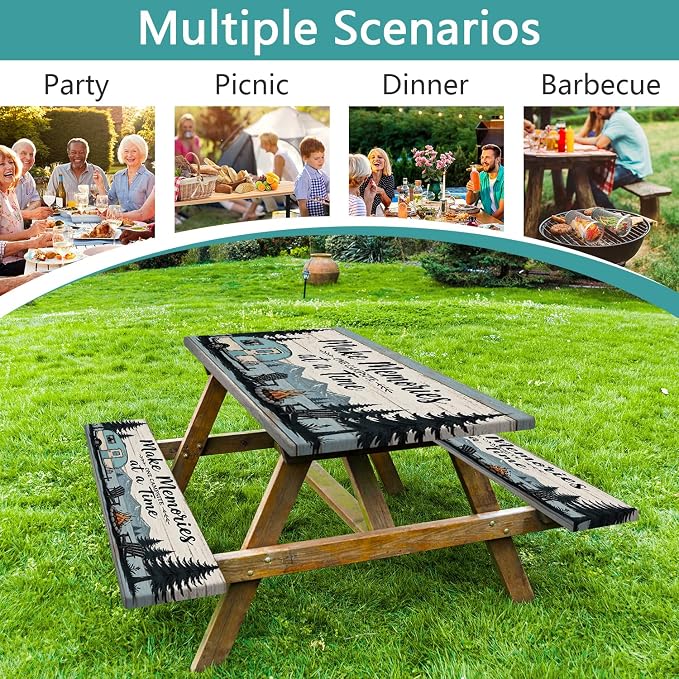 Picnic Table Cover with Bench Covers and Bag, Rustic Farmhouse Camper & Mountain Wood Print Waterproof Fitted Camping Tablecloths with Elastic Edges for Indoor, Outdoor & Garden, 3 Pcs Set 30x72 Inch