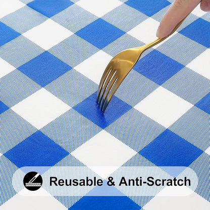 Smiry Rectangle Picnic Table Cloth, Elastic Waterproof Fitted Vinyl Tablecloths, Flannel Backed Buffalo Plaid Table Covers for Dining, Camping, Outdoor (White and Blue,18" x 72")