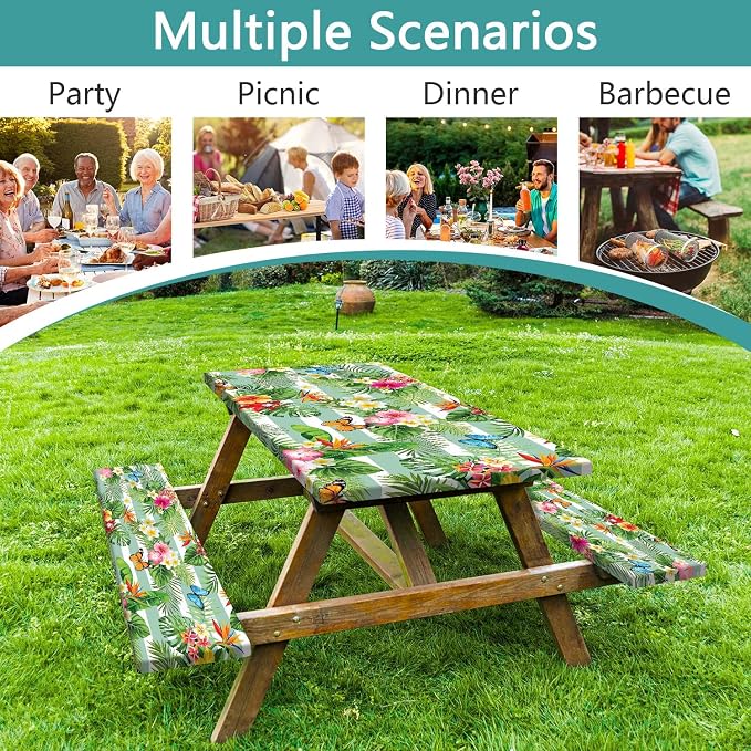 Picnic Table Cover with Bench Covers, Camping Essentials Hawaiian Luau Tropical Palm Leaves Flower Butterfly Waterproof Windproof Fitted Tablecloth Cover with Elastic Edge for Outdoor 3 PCS 30x60 Inch
