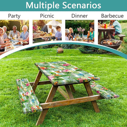 Picnic Table Cover with Bench Covers, Camping Essentials Hawaiian Luau Tropical Palm Leaves Flower Butterfly Waterproof Windproof Fitted Tablecloth Cover with Elastic Edge for Outdoor 3 PCS 30x96 Inch