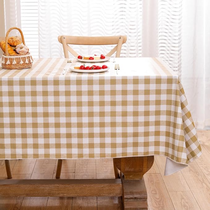 Heavy Duty Vinyl Tablecloth with Flannel Backing Waterproof Oil-Proof Plastic Table Cloth Stain-Resistant Wipeable Rectangle or Square Table Cover for Indoor and Outdoor (Khaki Checkered, 60x102 Inch)