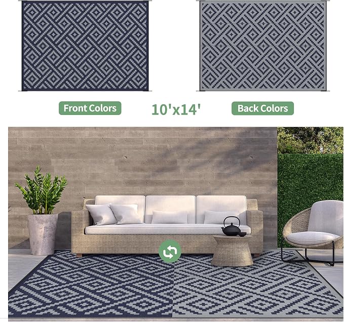 GENIMO Outdoor Rug, Waterproof Plastic Rugs 10'x14' for Camping Blue Grey | Outside Larger Modern Carpet Mat for Patio Decor, RV, Porch, Camper, Deck, Picnic, Beach, Backyard, Reversible, Foldable