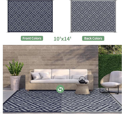 GENIMO Outdoor Rug, Waterproof Plastic Rugs 10'x14' for Camping Blue Grey | Outside Larger Modern Carpet Mat for Patio Decor, RV, Porch, Camper, Deck, Picnic, Beach, Backyard, Reversible, Foldable
