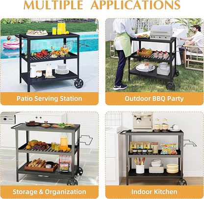 3-Tier Outdoor Grill Table, BBQ Prep Cart with Metal Top Storage Shelves, Rolling Grill Cart with Wheels, Tool Hooks & Gas Tank Holder, Iron Grill Side Table for Patio Backyard Outdoor Kitchen