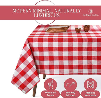 Buffalo Plaid Check 60"x84" Tablecloth 100% Cotton Washable Rustic Rectangle Table Cover Decorative for Gifts, Dining, BBQ, Buffet Parties & Camping - Red