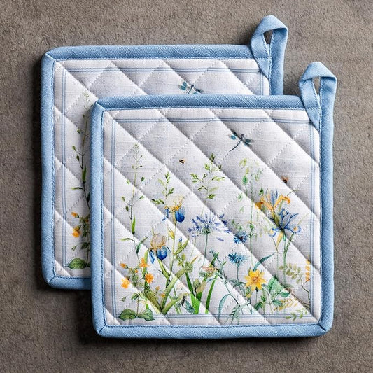 Maison d' Hermine Pot Holders 100% Cotton Heat Resistant Potholders 8" x 8" Hot Pads with Loop BBQ Cooking Baking Hotel Farmhouse Kitchen Handling Hot Pans Spring Summer (Pack of 2, Fleurs De Mai)