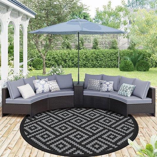GENIMO Outdoor Rug, Waterproof Plastic Rugs for Patio, 10' Round Black Grey | Outside Larger Modern Carpet Mat for Deck Decor, Porch, Balcony, Backyard, Camping, Picnic, Beach, RV, Reversible, Foldable