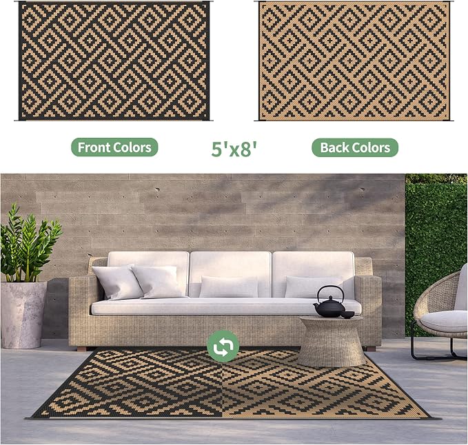 GENIMO Outdoor Rug, Waterproof Plastic Rugs for Patio, 5'x8' Black Brown | Outside Larger Modern Carpet Mat for Porch Decor, Deck, Balcony, Camping, RV, Backyard, Picnic, Beach, Reversible, Foldable