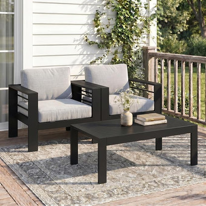 Solaste Aluminum Patio Sofa with Coffee Table,3 PCS Patio Furniture Set with Cushions, All-Weather Outdoor Sofa for Balcony, Deck, Backyard, Porch, Garden, Light Grey