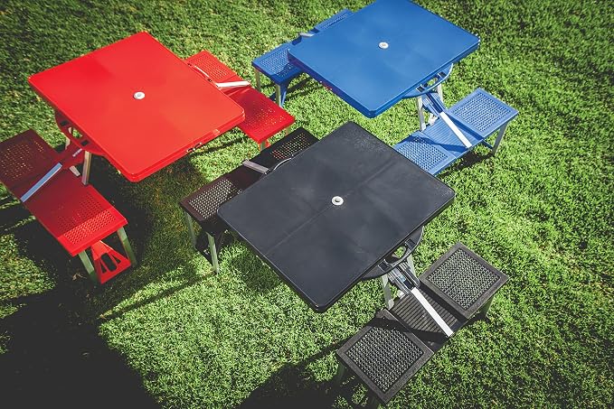 Picnic TIME Portable Folding Picnic Table with Seats for 4, Collapsible Aluminum Table with Benches & Umbrella Hole, Lightweight Foldable Table for Camping, Travel, Backyard, Tailgating | with Umbrella Hole