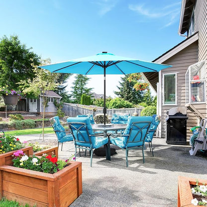 Sundale Outdoor 104 LED 11 FT Solar Patio Umbrella with Base, Blue | Sand Bag Umbrella Base, Tilt, Crank, Solar Lights