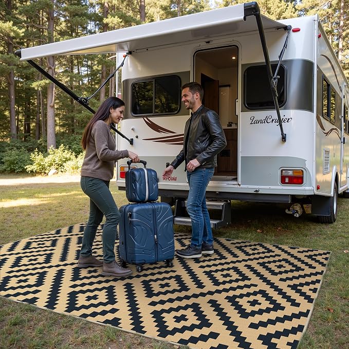 GENIMO Outdoor Rug, Waterproof Plastic Rugs for Patio, 6'x9' Black Sand | Outside Larger Modern Carpet Mat for Porch Decor, Deck, Balcony, Camping, RV, Backyard, Picnic, Beach, Reversible, Foldable