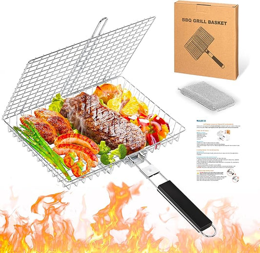 Large Stainless Steel Grilling Basket with Removable Handle – Deep Fish & Vegetable Grill Basket for Outdoor BBQ, Heavy Duty Non-Stick Basket for Gas/Charcoal Grill, Easy to Clean – Gifts for Dad