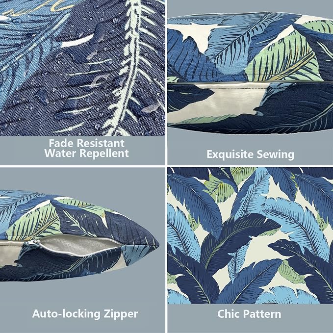LVTXIII 2 Pack Outdoor Throw Pillow Covers for Patio Furniture, 16x16 Inch Square Pillow Case, Water-Repellent Cushion Covers for Garden, Porch, Sofa, Swaying Palms Blue