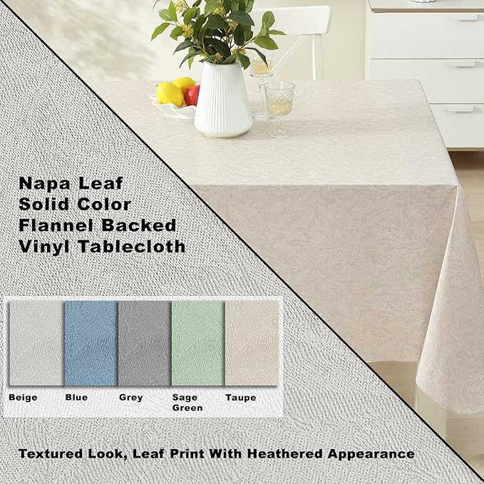 Newbridge Napa Leaf Taupe Vinyl Flannel Backed Tablecloth, 60 x 102 Inch Rectangle, Hotel Quality Waterproof Indoor Outdoor Table Cover for Kitchen, Patio, Dining, BBQ