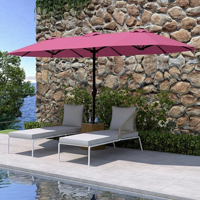 15FT Double Sided Patio Umbrella with Base Included Large Outdoor Market Umbrella with Crank Handle, UV Resistant Canopy, Sturdy Frame for Garden, Poolside, Deck, Rose Pink