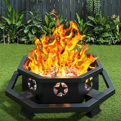 45 Inch Fire Pit for Outside Wood Burning, Outdoor Octagonal Fire Pit with Poker, Large Firepit for Camping, Backyard, Patio, Black