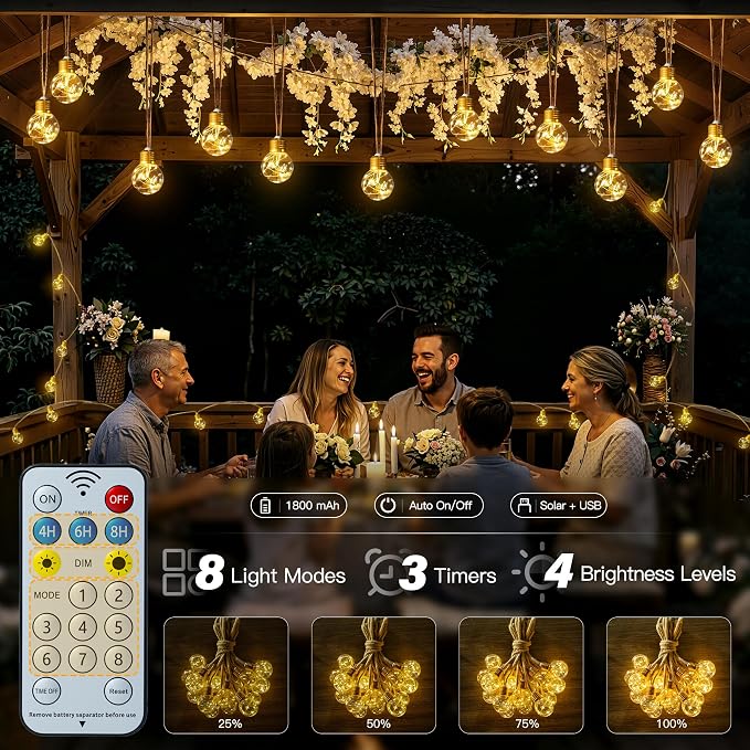 Ollny 26FT Solar String Lights Outdoor, Waterproof Remote Control Patio Lights with 16 LED Shatterproof Bulbs, Dimmable Timers & 8Modes Memory Function Vintage Hemp Rope Lights for Garden Bistro Fence