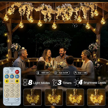 Ollny 26FT Solar String Lights Outdoor, Waterproof Remote Control Patio Lights with 16 LED Shatterproof Bulbs, Dimmable Timers & 8Modes Memory Function Vintage Hemp Rope Lights for Garden Bistro Fence