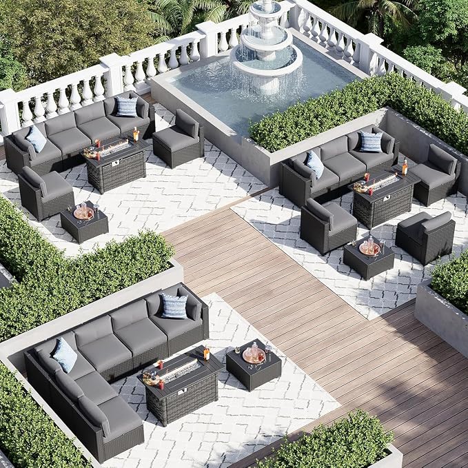 Aoxun 8 Piece Patio Furniture Set with 44” Fire Pit Table, Wicker Rattan Patio Sectional Sofa, Outdoor Furniture Set with Thickened Cushion, Grey